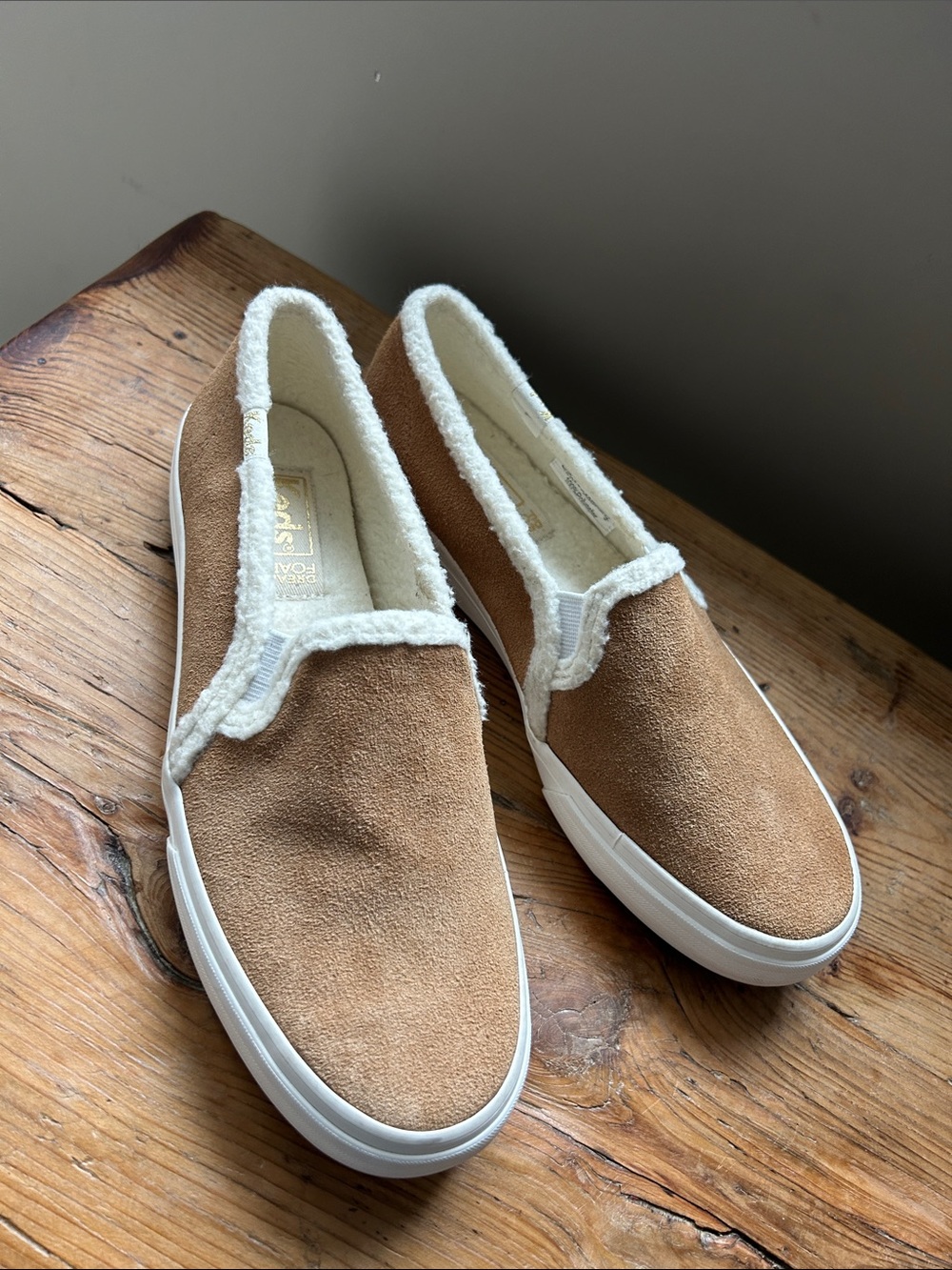 NWOT Slip-On Suede Sneakers/loafers with Sherpa Trim and liner - Tan